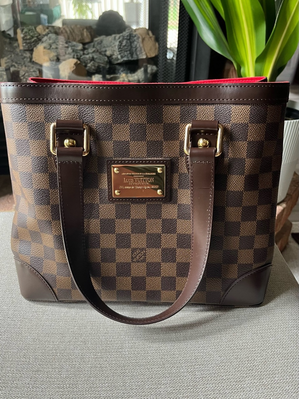 Louis Vuitton Hampstead PM Brown Damier Canvas Tote with Red Interior
